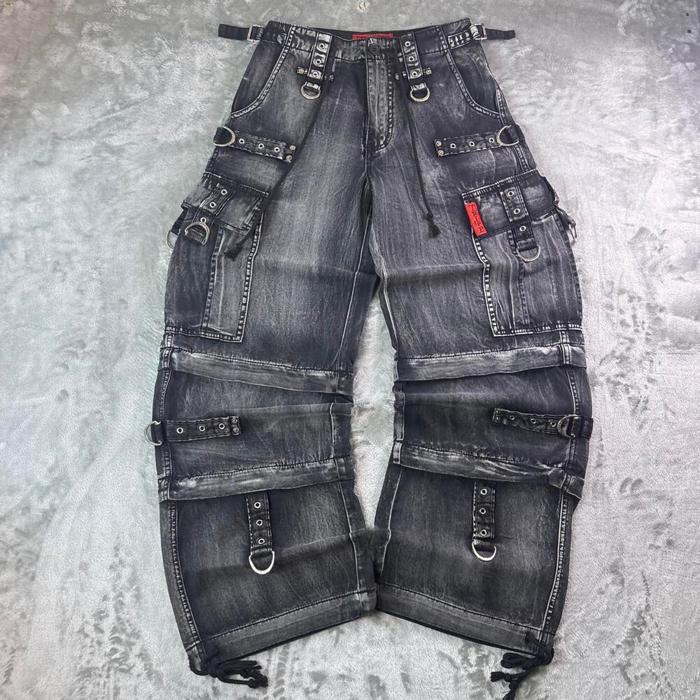 Tripp NYC Black Fog Wash Rave Grunge Goth Wide Leg Zip-off Baggy Jeans Size XXS